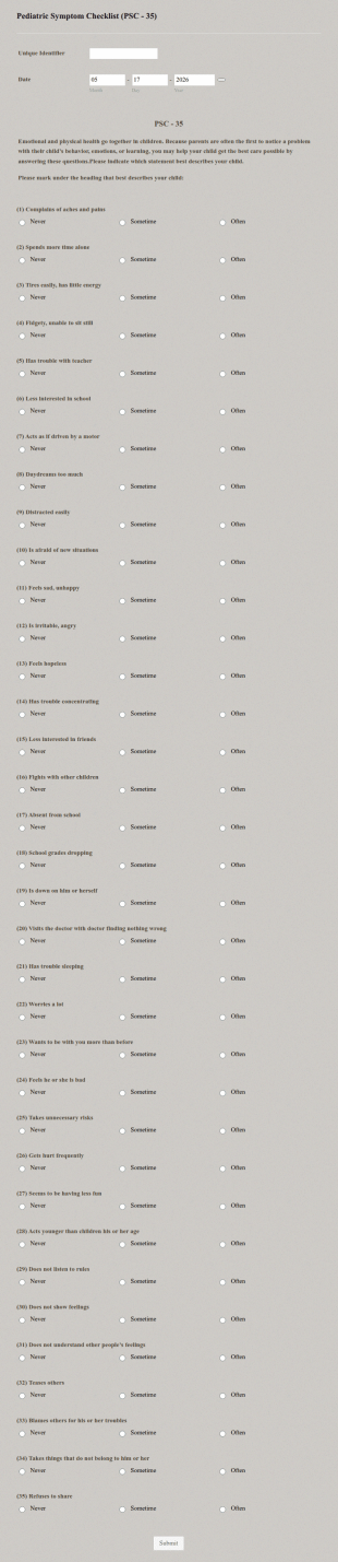Pediatric Symptom Checklist Form Template