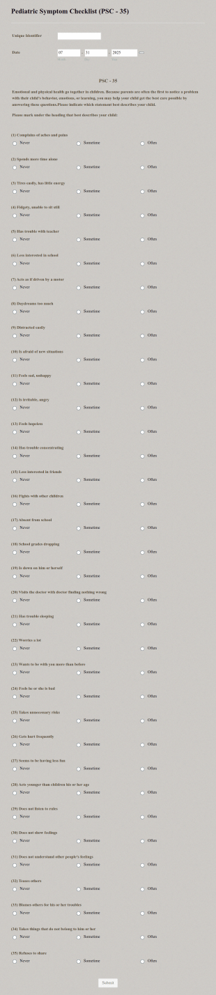 Pediatric Symptom Checklist Form Template