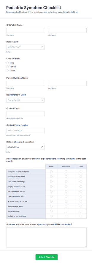 Pediatric Symptom Checklist Form Template