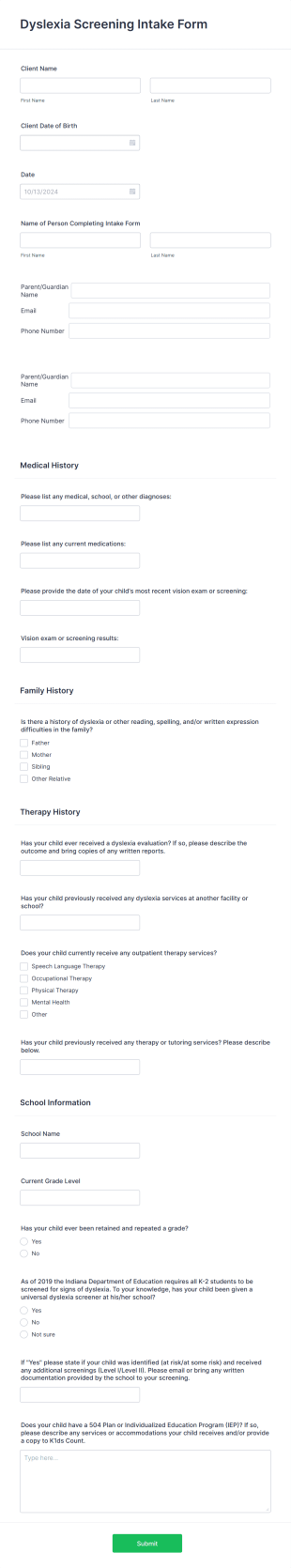 Pediatric Therapy Intake Form Template