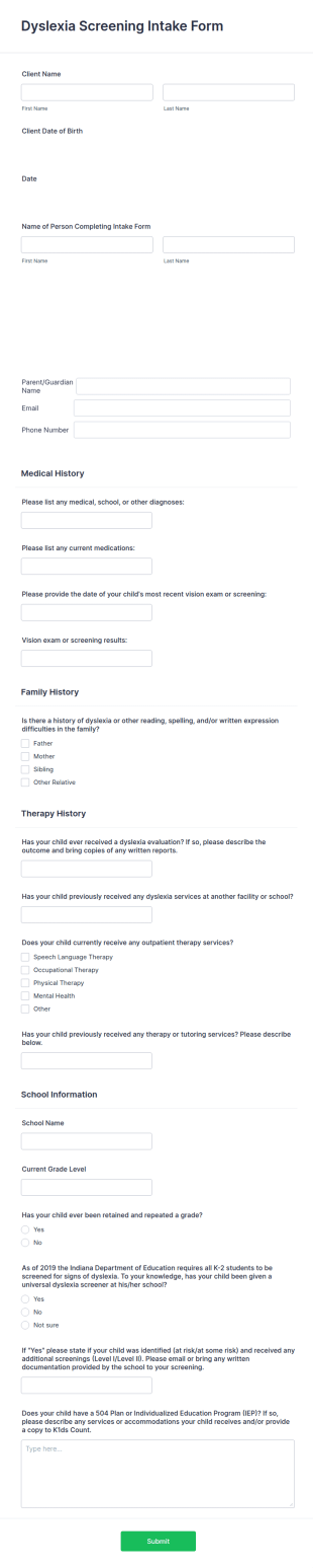 Pediatric Therapy Intake Form Template