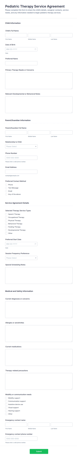 Pediatric Therapy Service Agreement Form Template