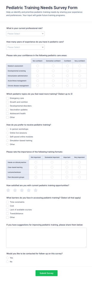 Pediatric Training Needs Survey Form Template