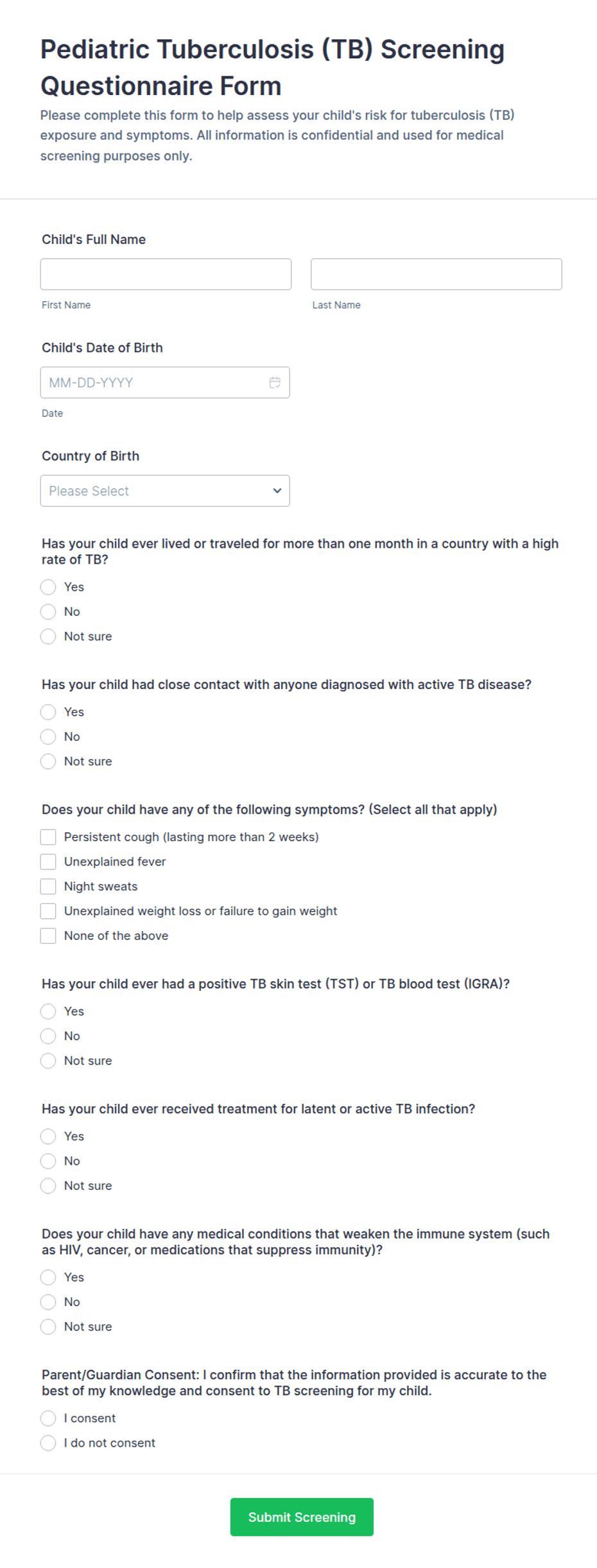 Pediatric Tuberculosis (TB) Screening Questionnaire Form Template | Jotform