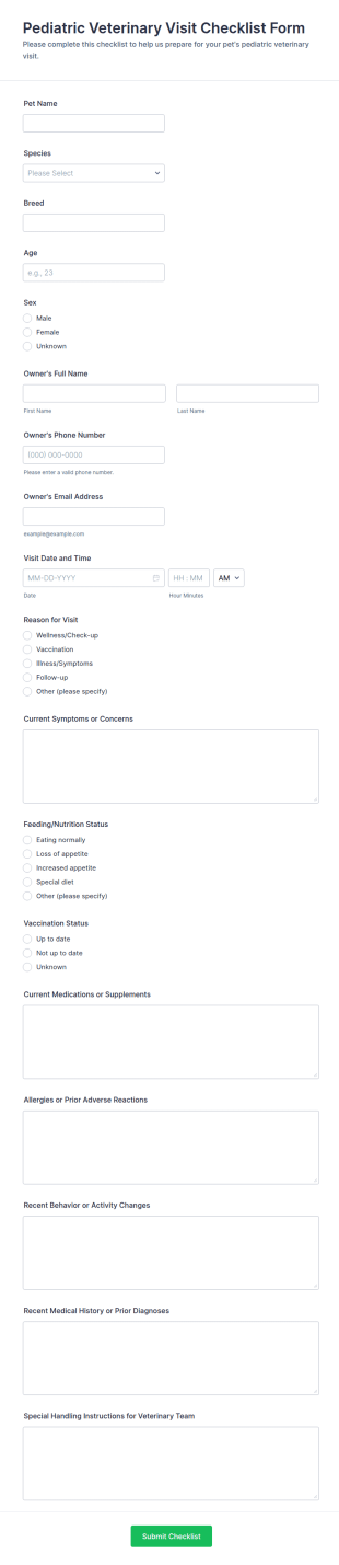 Pediatric Veterinary Visit Checklist Form Template