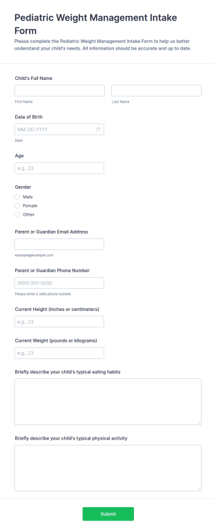Pediatric Weight Management Intake Form Template