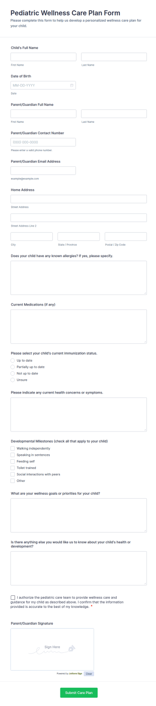 Pediatric Wellness Care Plan Form Template