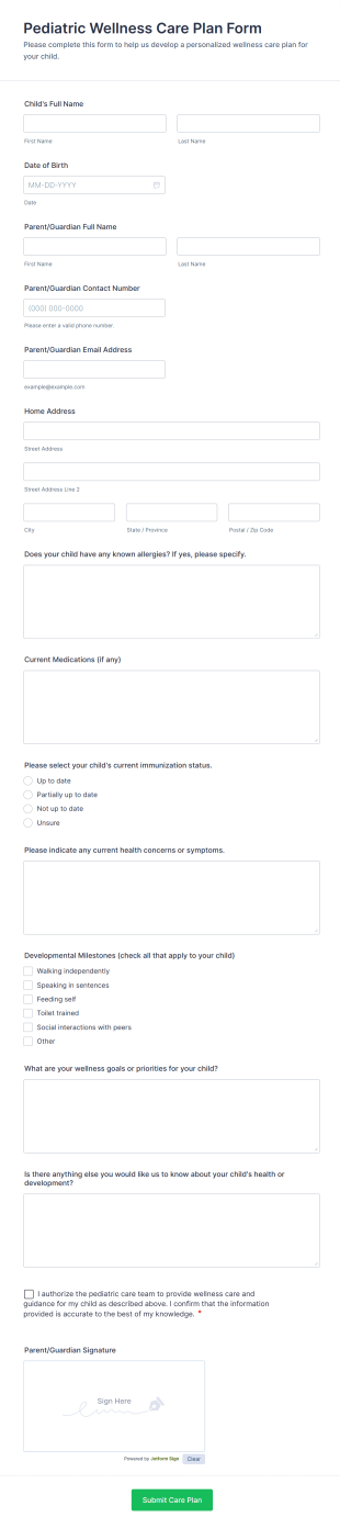 Pediatric Wellness Care Plan Form Template