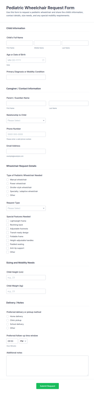 Pediatric Wheelchair Request Form Template