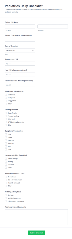 Pediatrics Daily Checklist Form Template