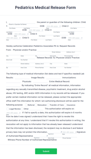 Pediatrics Medical Release Form Template