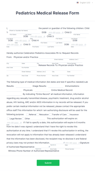 Pediatrics Medical Release Form Template