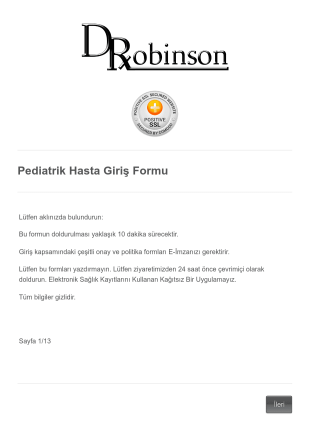 Pediatrik Hasta Giriş Form Şablonu