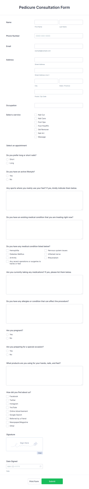 Pedicure Consultation Form Template