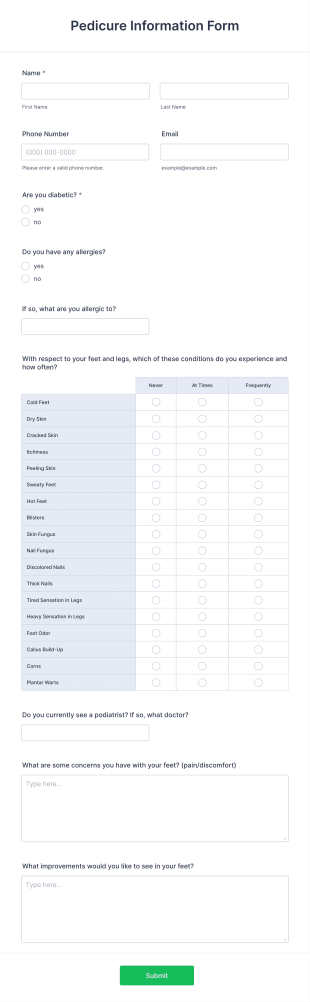 Pedicure Information Form Template