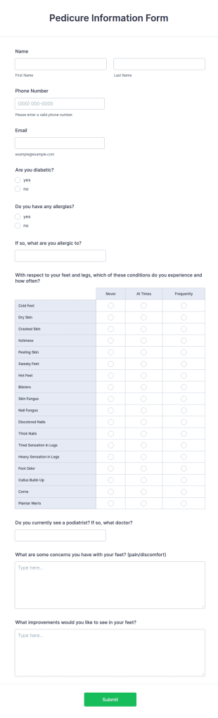 Pedicure Information Form Template