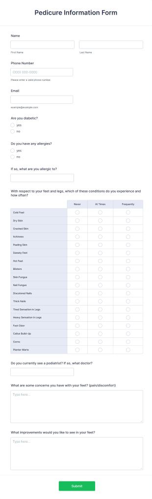 Pedicure Information Form Template