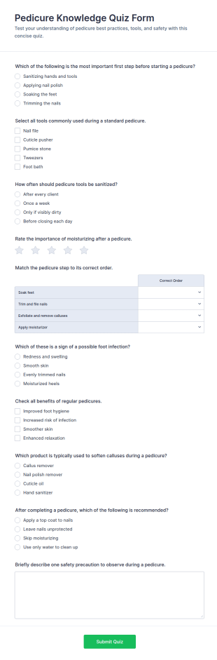 Pedicure Knowledge Quiz Form Template