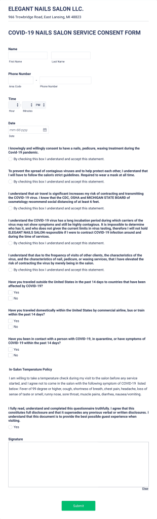 Pedicure Service Consent Form Template