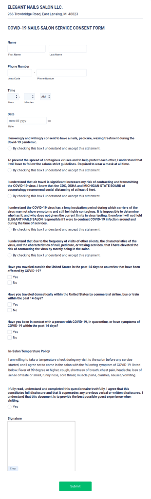 Pedicure Service Consent Form Template
