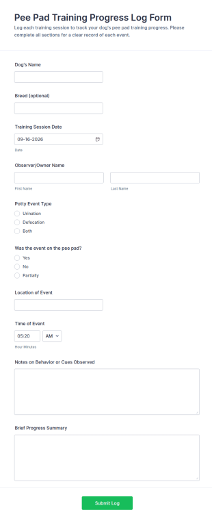 Pee Pad Training Progress Log Form Template