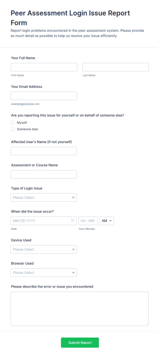 Peer Assessment Login Issue Report Form Template