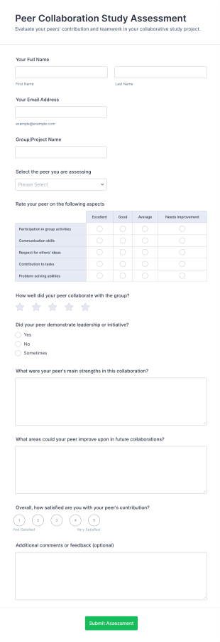 Peer Collaboration Study Assessment Form Template