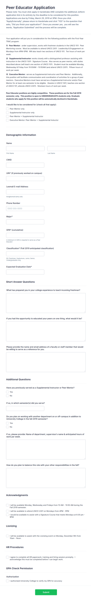 Peer Educator Application Form Template