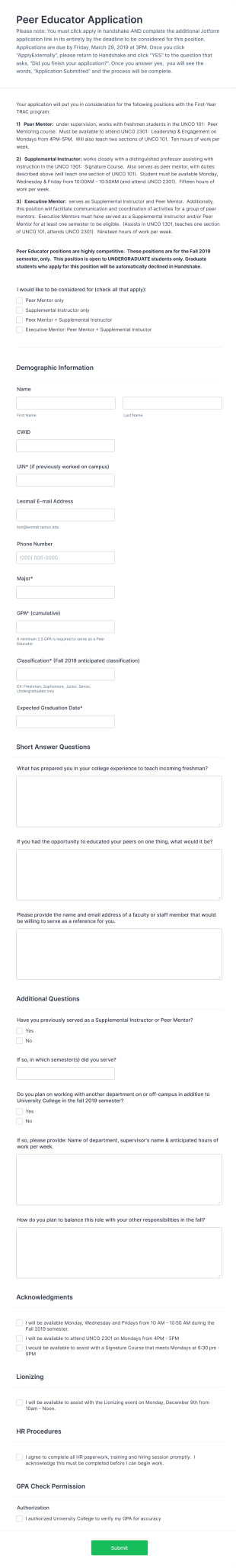 Peer Educator Application Form Template