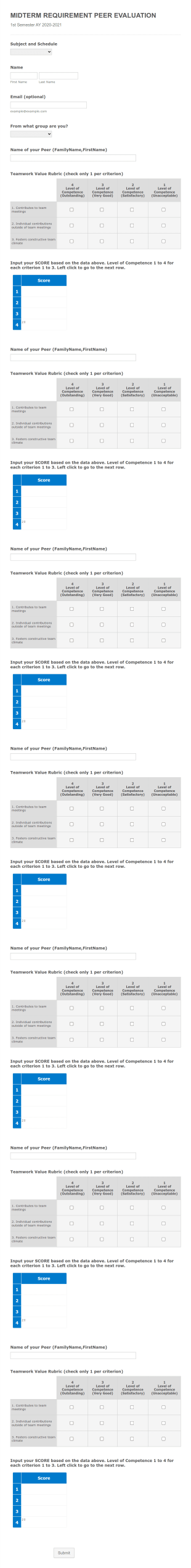 Peer Evaluation By Dr. Baloran Form Template