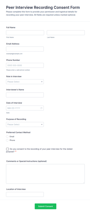 Peer Interview Recording Consent Form Template