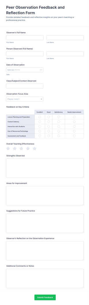 Peer Observation Feedback And Reflection Form Template