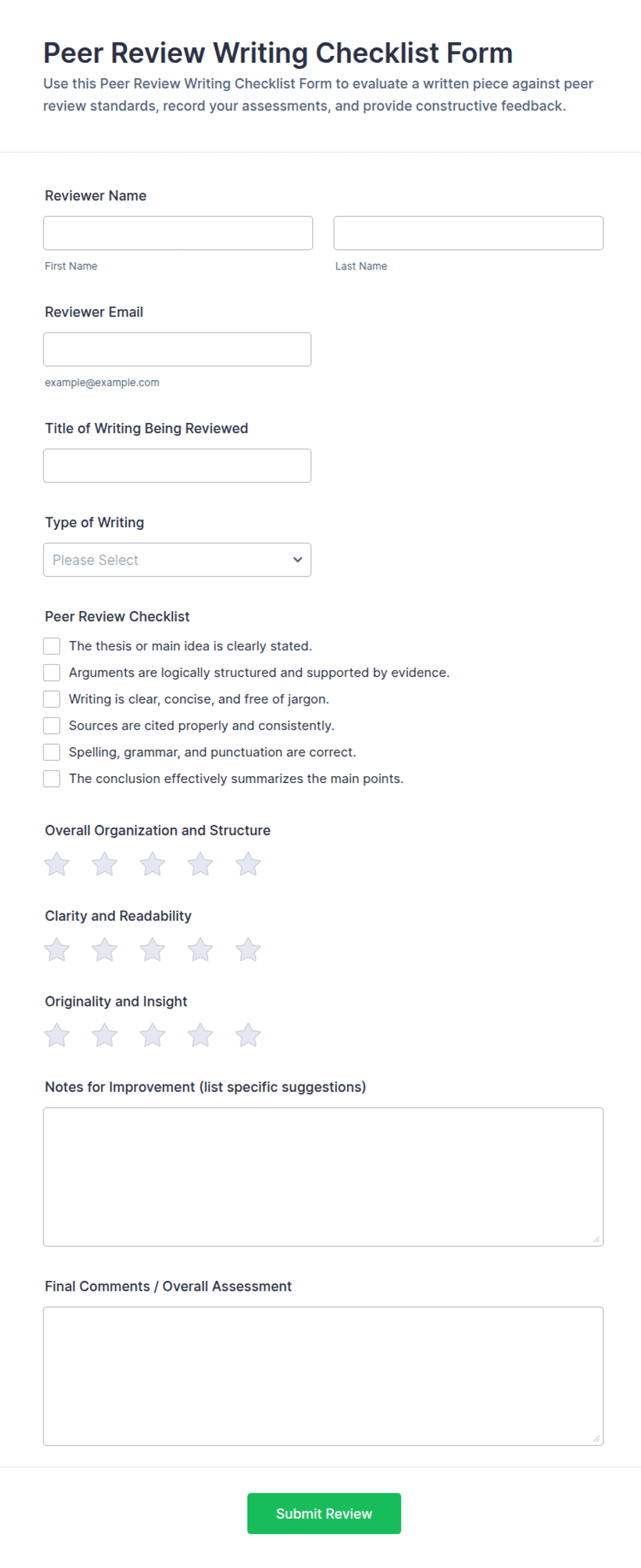 Peer Review Writing Checklist Form Template | Jotform