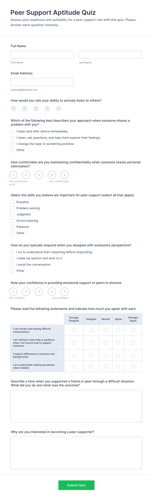 Peer Support Aptitude Quiz Form Template