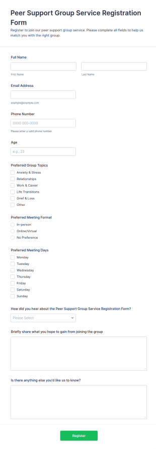 Peer Support Group Service Registration Form Template