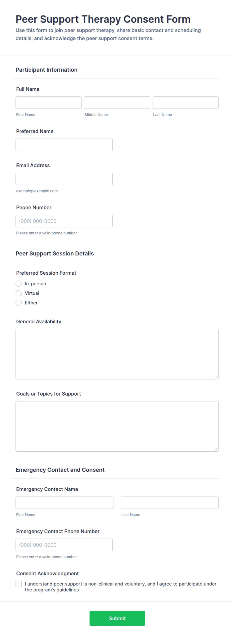 Coer Support Form Example Peer Support Therapy Consent Form Template | Jotform
