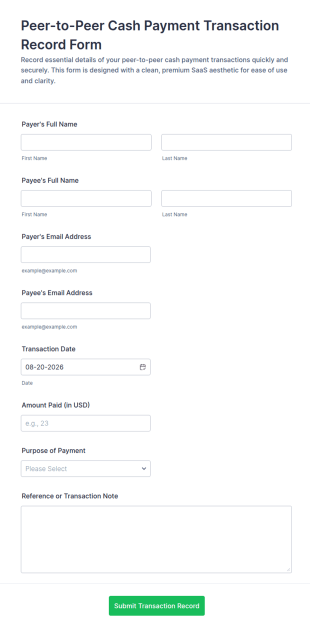Peer To Peer Cash Payment Transaction Record Form Template