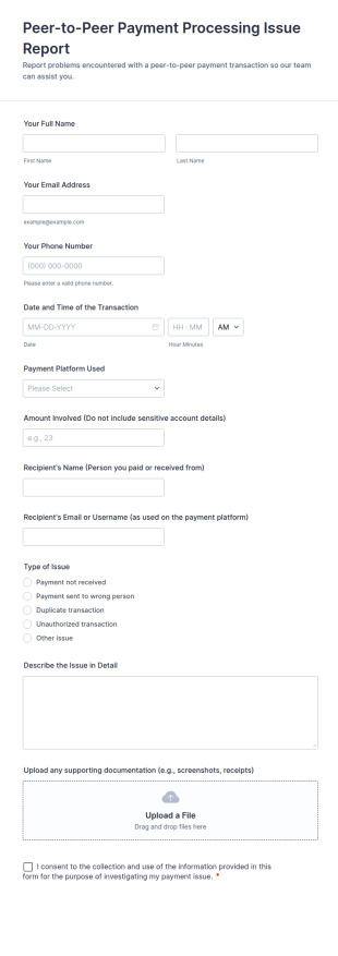 Peer To Peer Payment Processing Issue Report Form Template