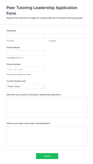 Peer Tutoring Leadership Application Form Template