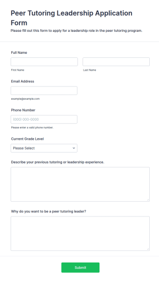 Peer Tutoring Leadership Application Form Template