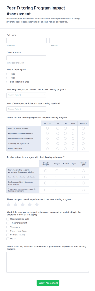 Peer Tutoring Program Impact Assessment Form Template