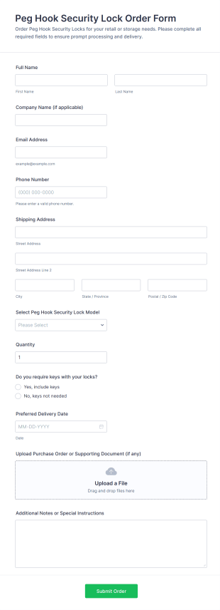 Peg Hook Security Lock Order Form Template