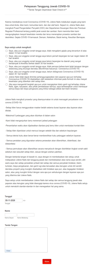 Pelepasan Tanggung Jawab COVID 19 Jolene Nails