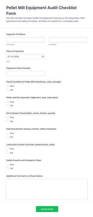 Pellet Mill Equipment Audit Checklist Form Template