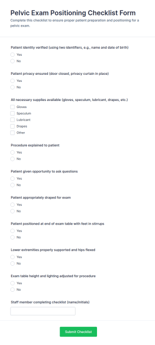 Pelvic Exam Positioning Checklist Form Template