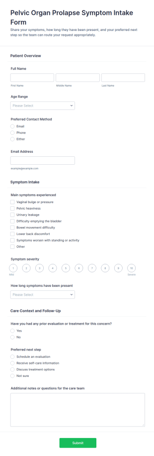 Pelvic Organ Prolapse Symptom Intake Form Template