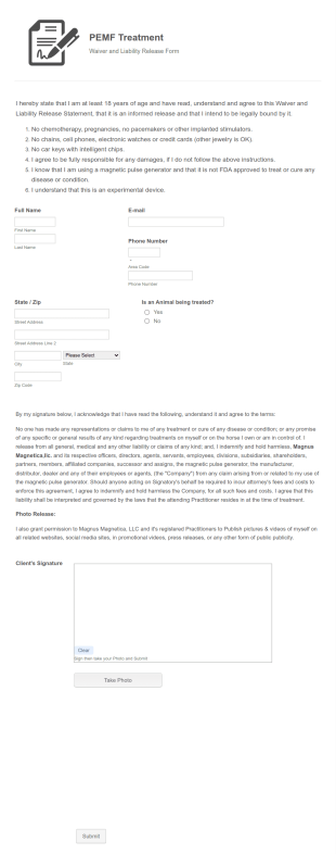 Animal PEMF Liability Release And Waiver Form Template