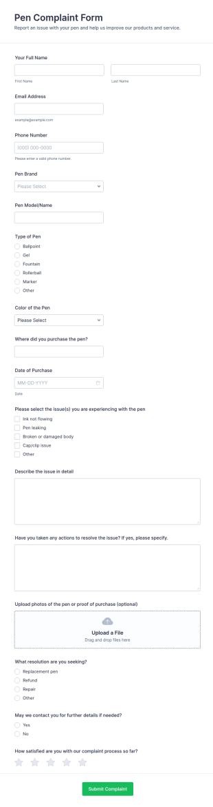 Pen Complaint Form Template