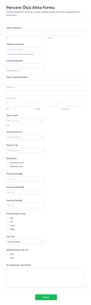 Pencere Ölçü Alma Form Şablonu