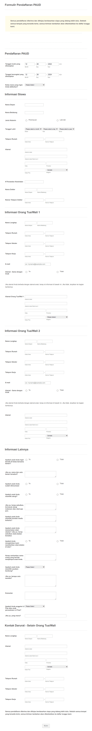 Pendaftaran Prasekolah Form Template